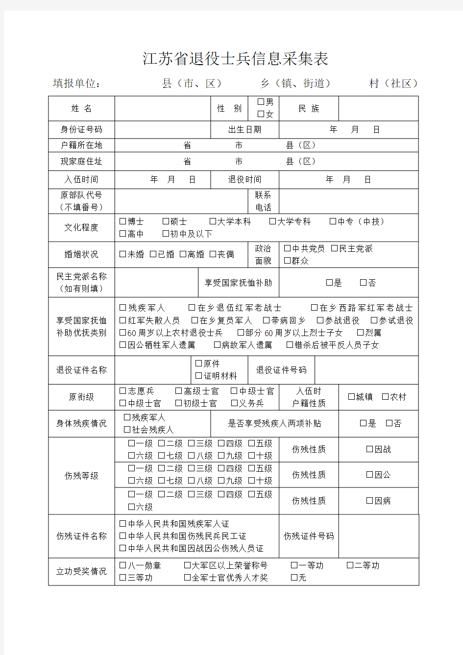 江苏省退役士兵信息采集登记表(空白)