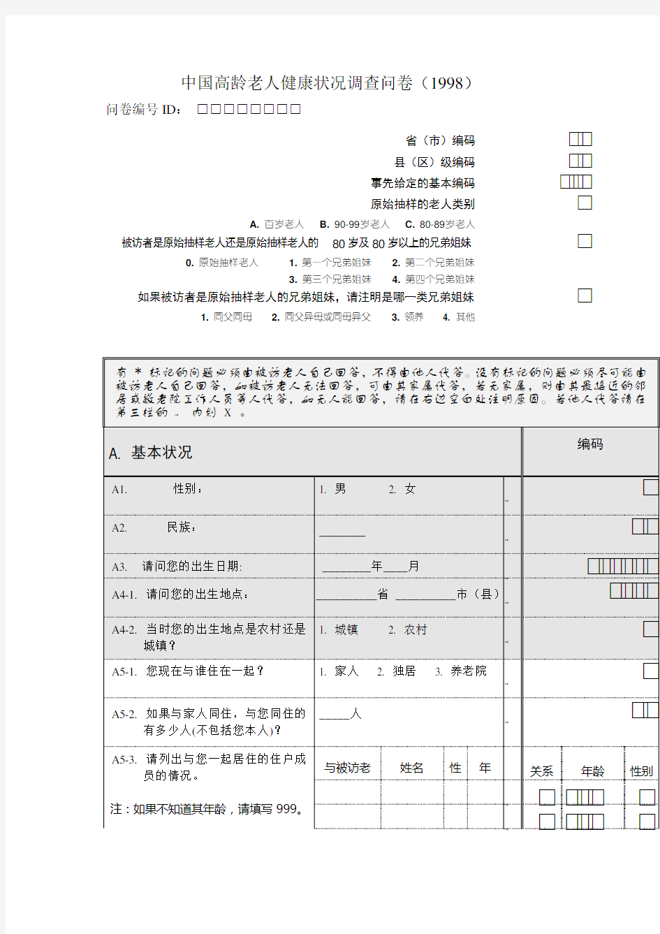 中国高龄老人健康状况调查问卷(1998)