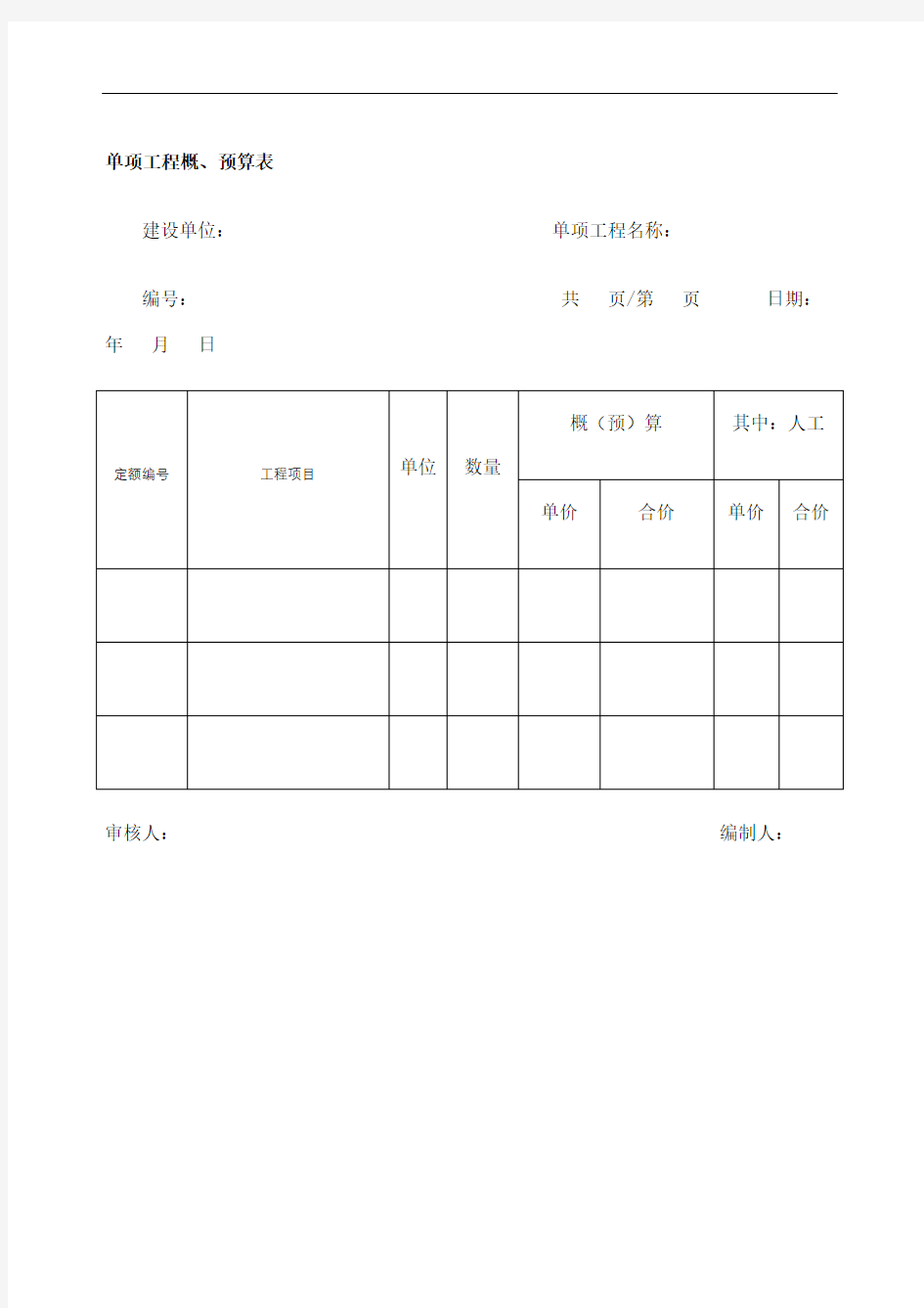 单项工程概预算表格式定稿版