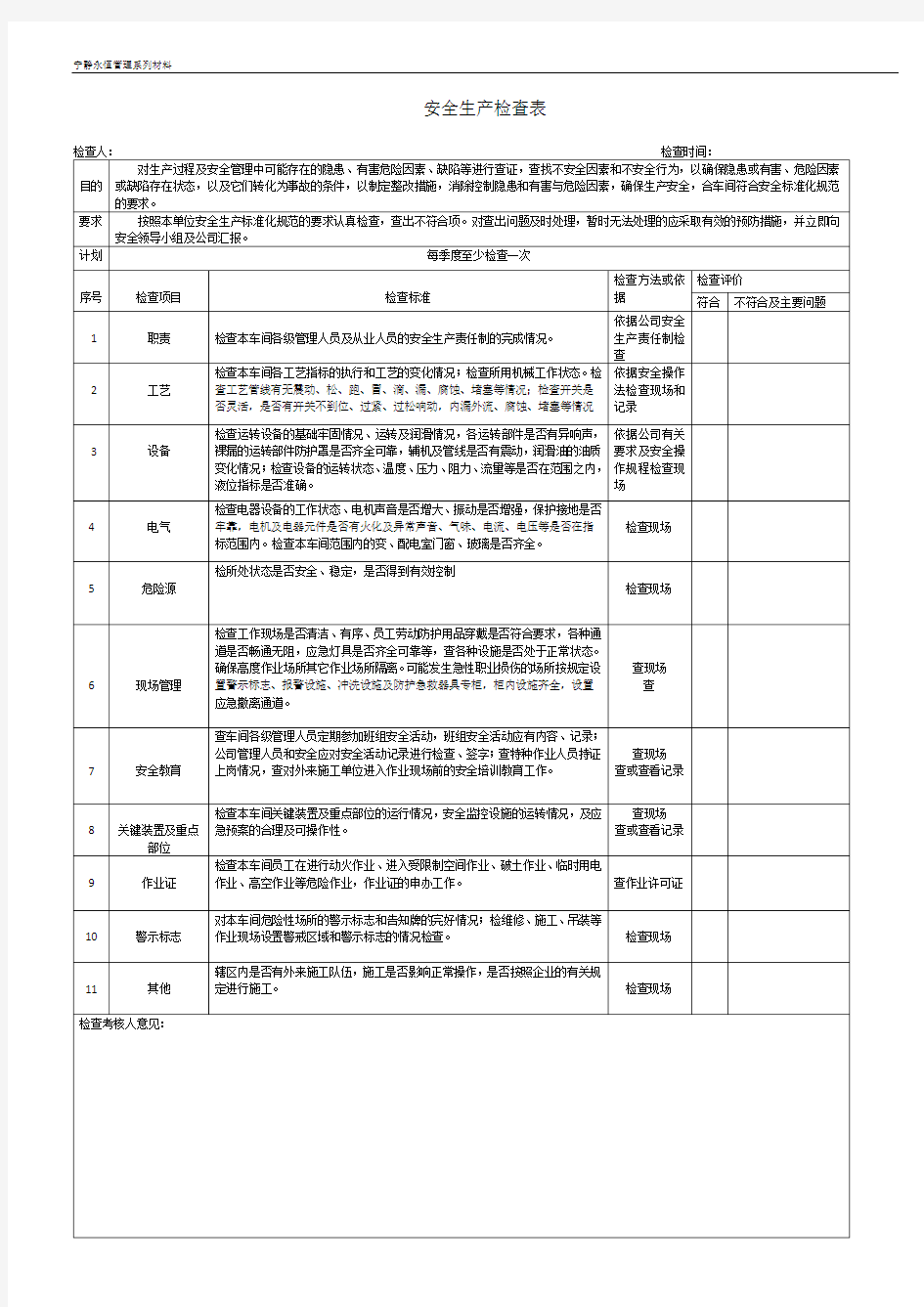 车间现场安全生产检查表