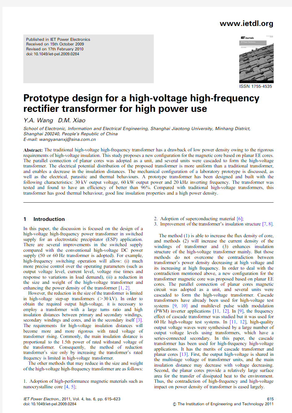 IET：Prototype design for a high-voltage high-frequency rectifier transformer for high power use