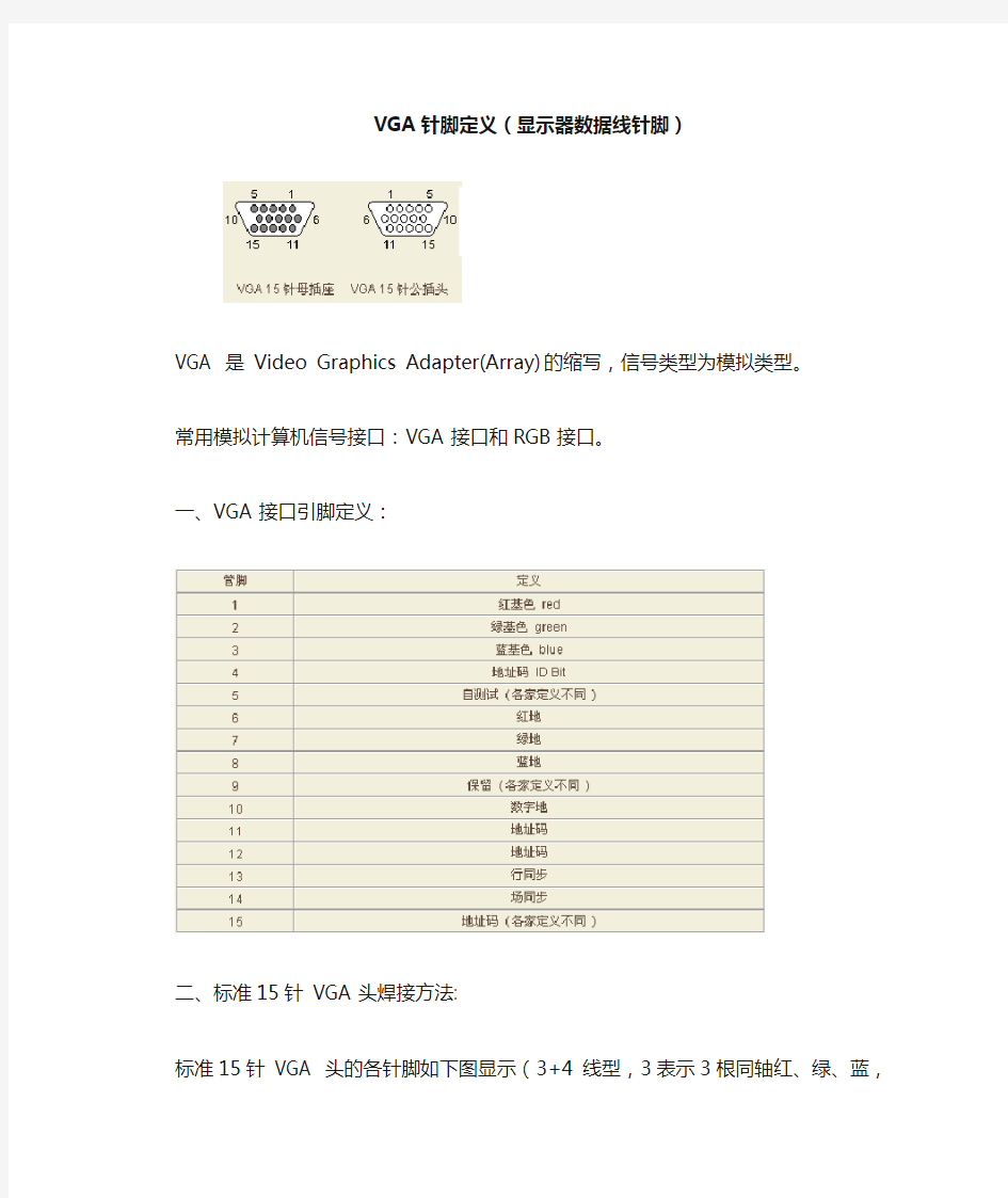 VGA显示器数据线针脚定义