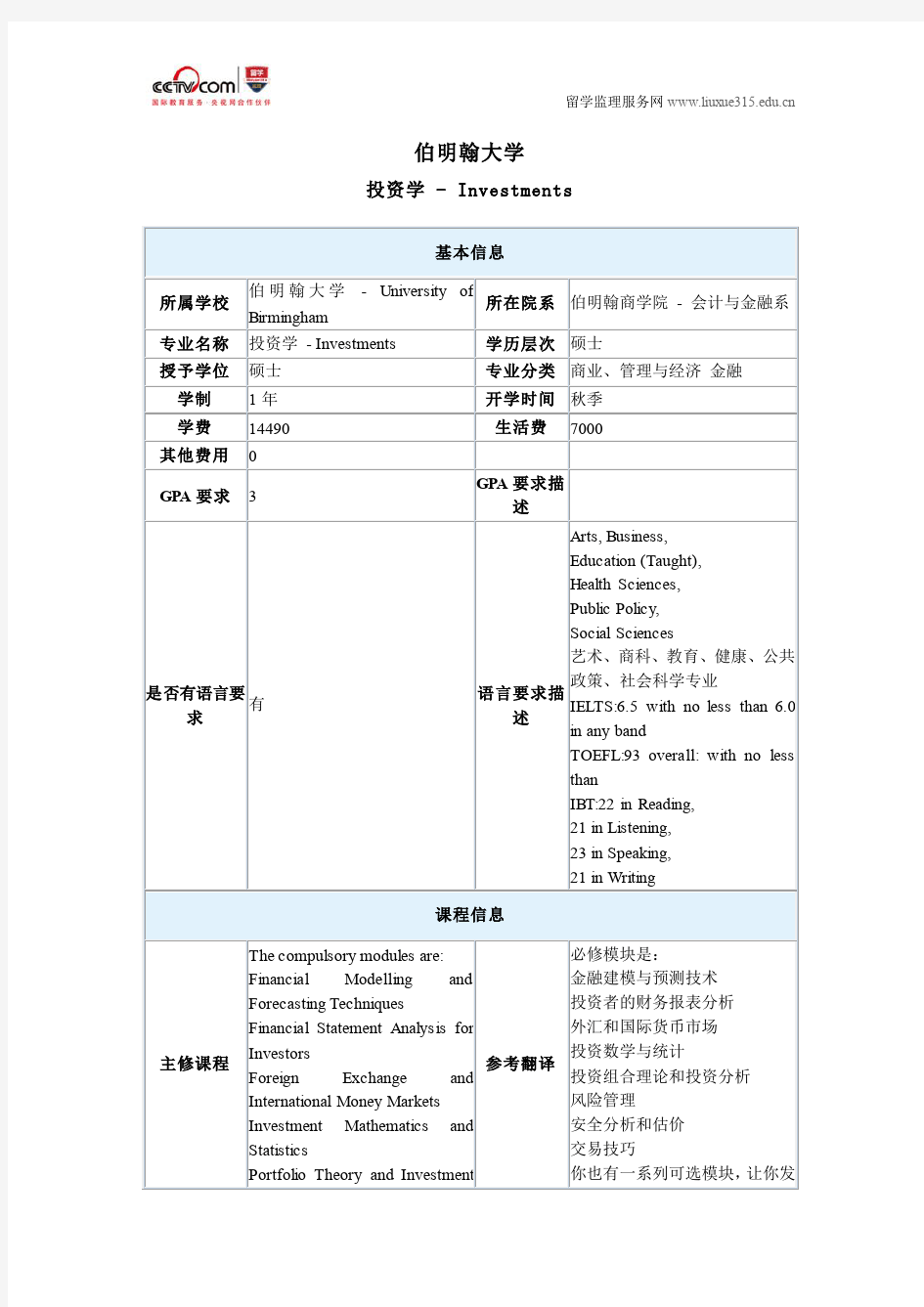 伯明翰大学投资学硕士专业