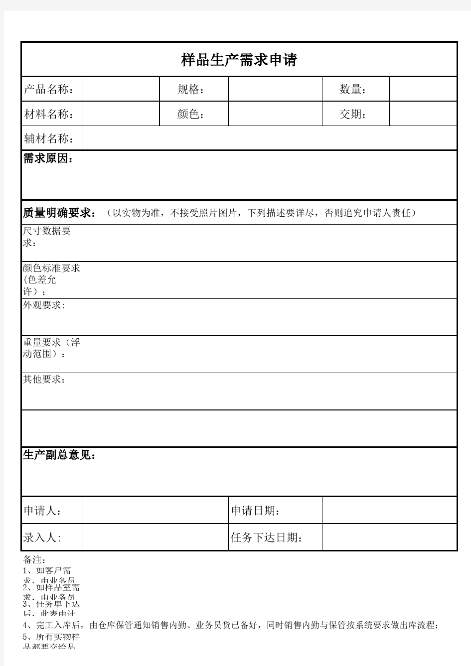 样品生产需求申请单