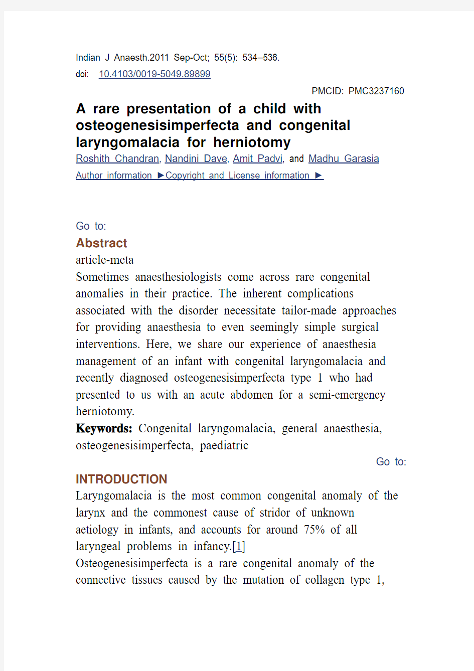 A rare presentation of a child with osteogenesis imperfecta and congenital laryngomalacia