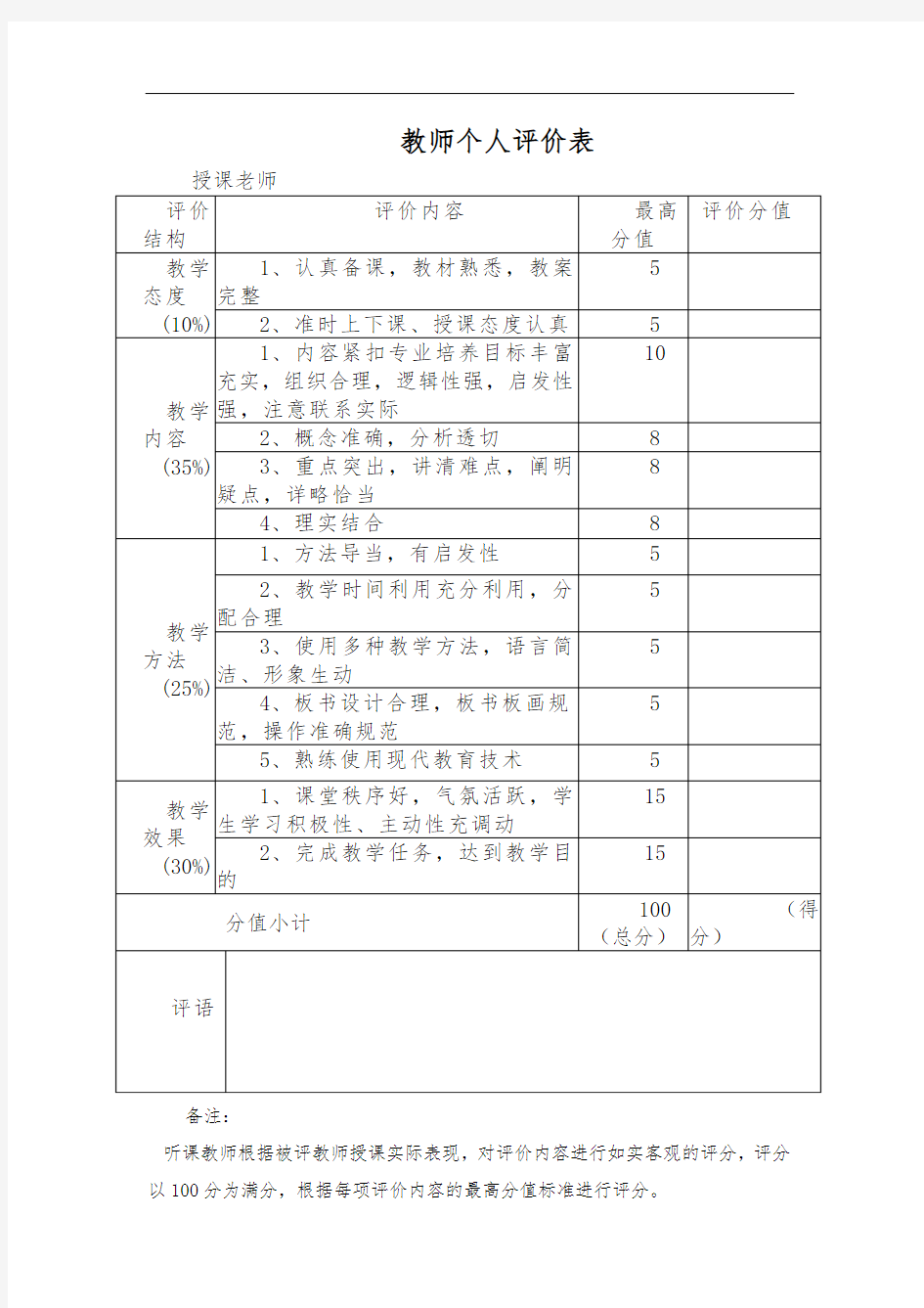 教师自评和互评表