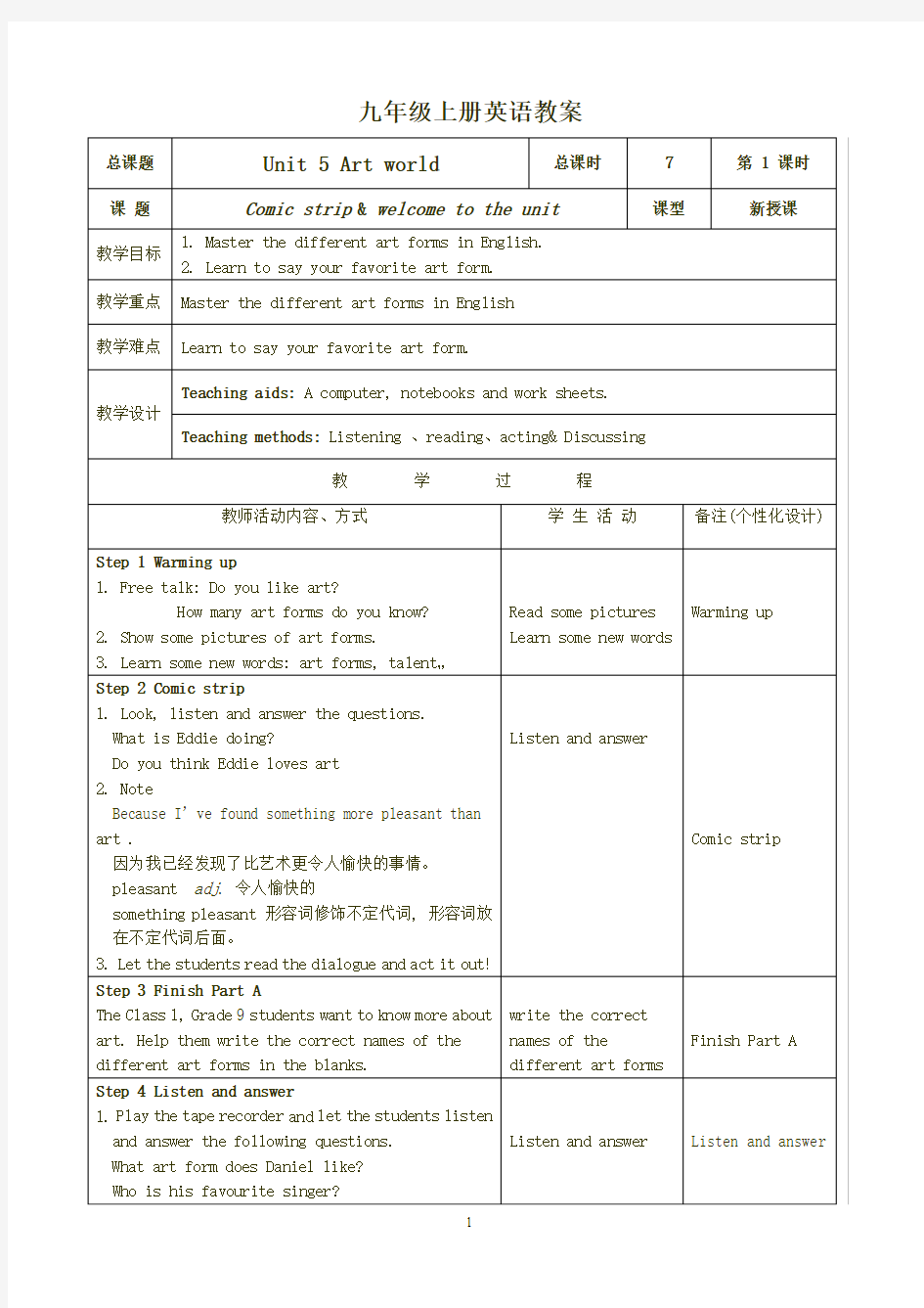 2015年牛津译林版9A Unit5 Art world整单元教案(表格型)