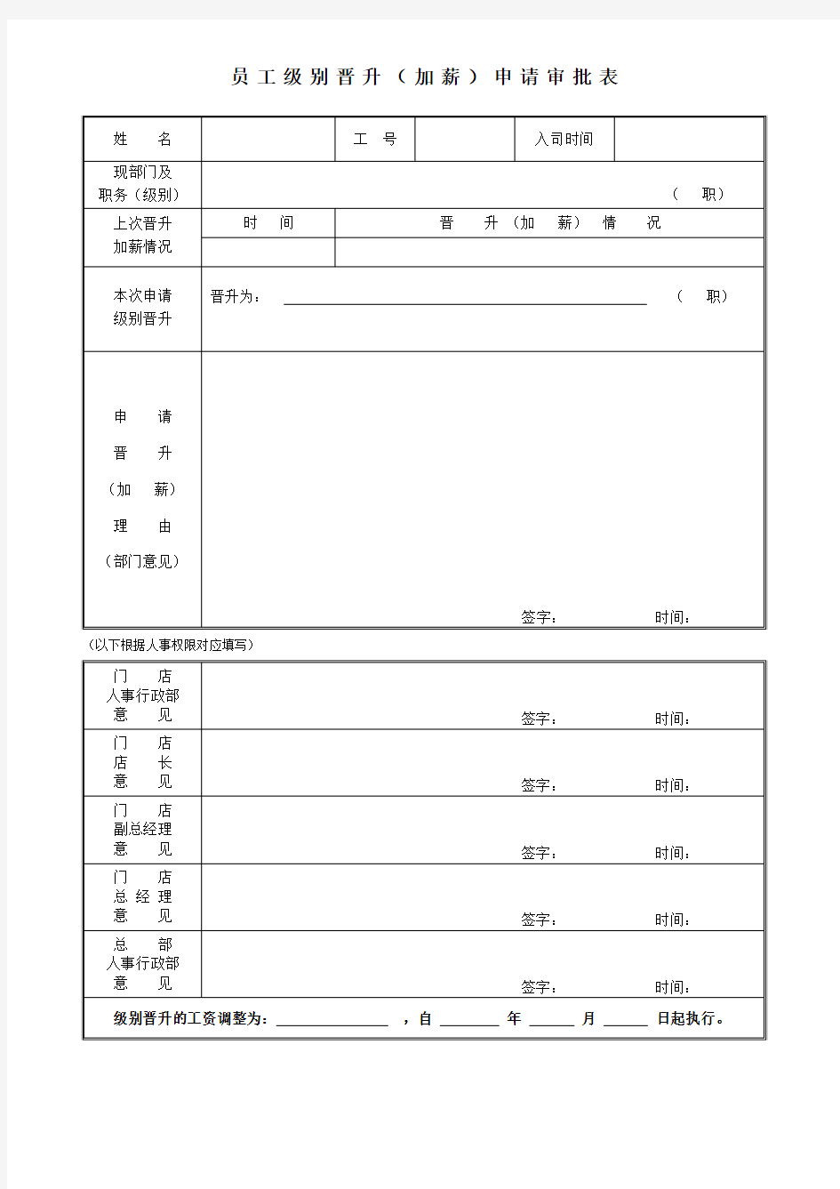 员工级别晋升(加薪)申请审批表