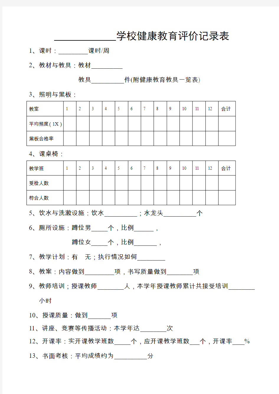 学校健康教育评价记录表