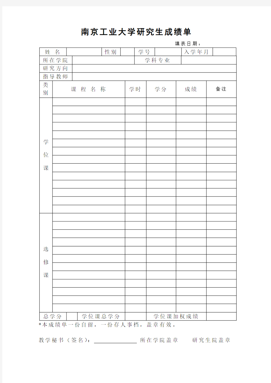 南京工业大学研究生成绩单