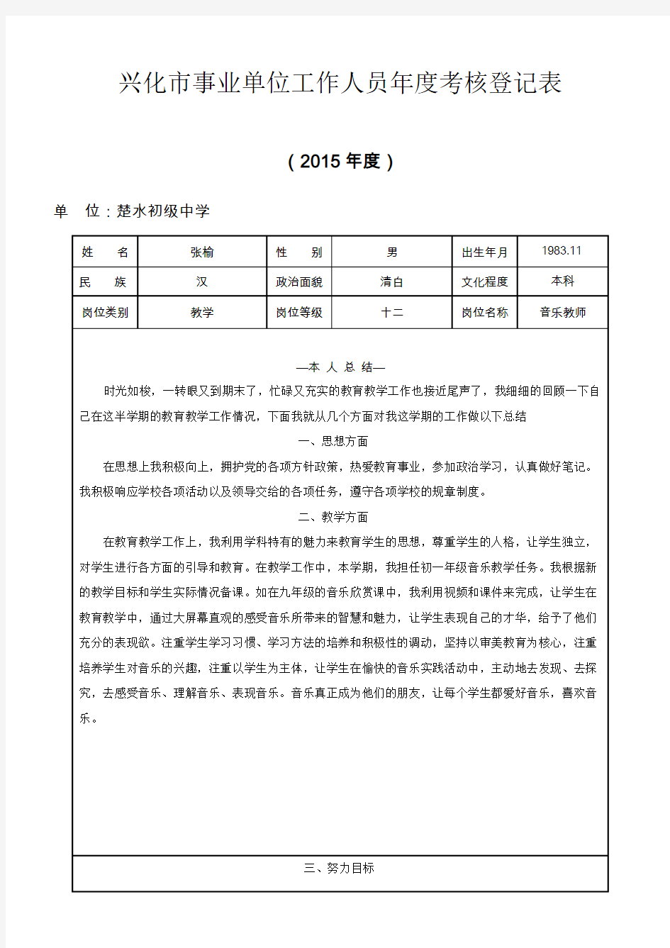 2015年事业单位工作人员年度考核表