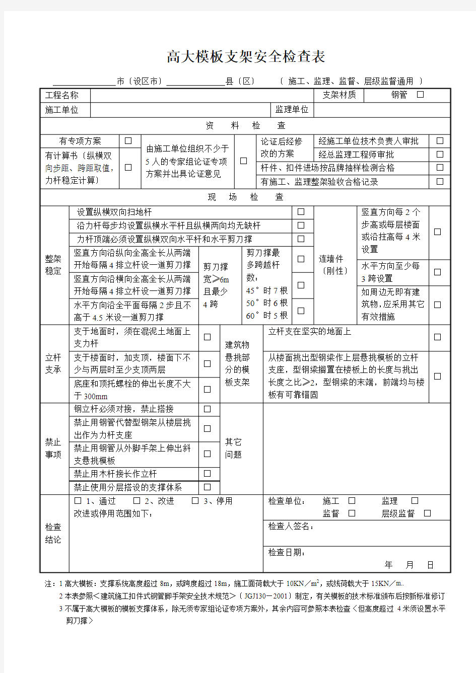 高大模板支架安全检查表