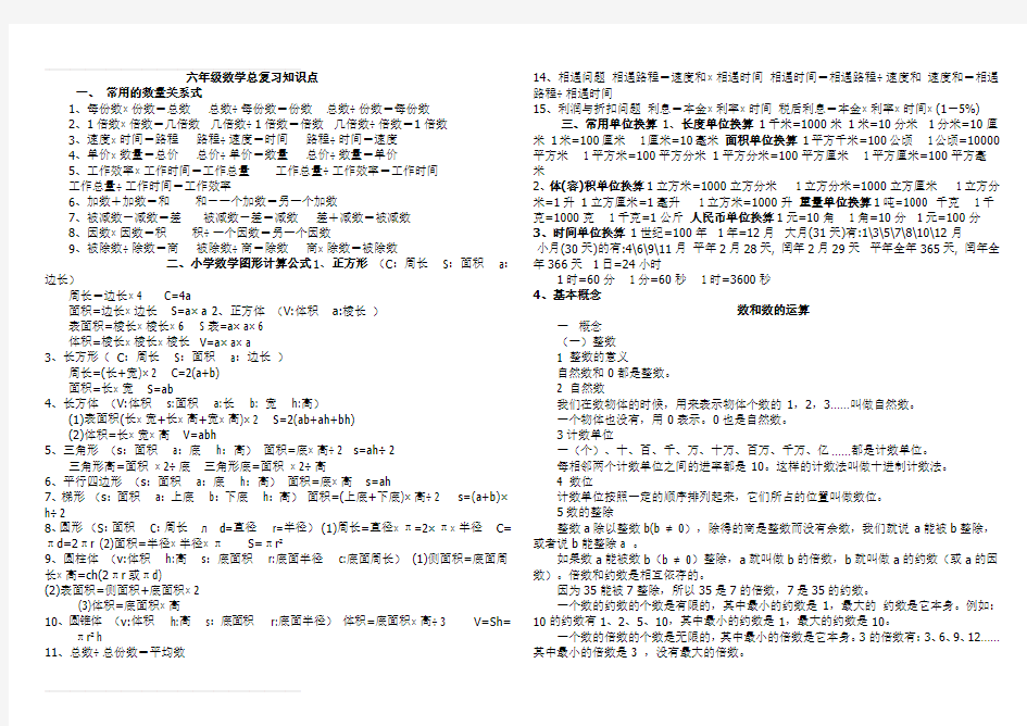 六年级数学总复习知识点归纳