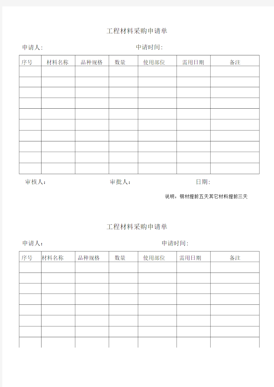 工程材料采购申请单