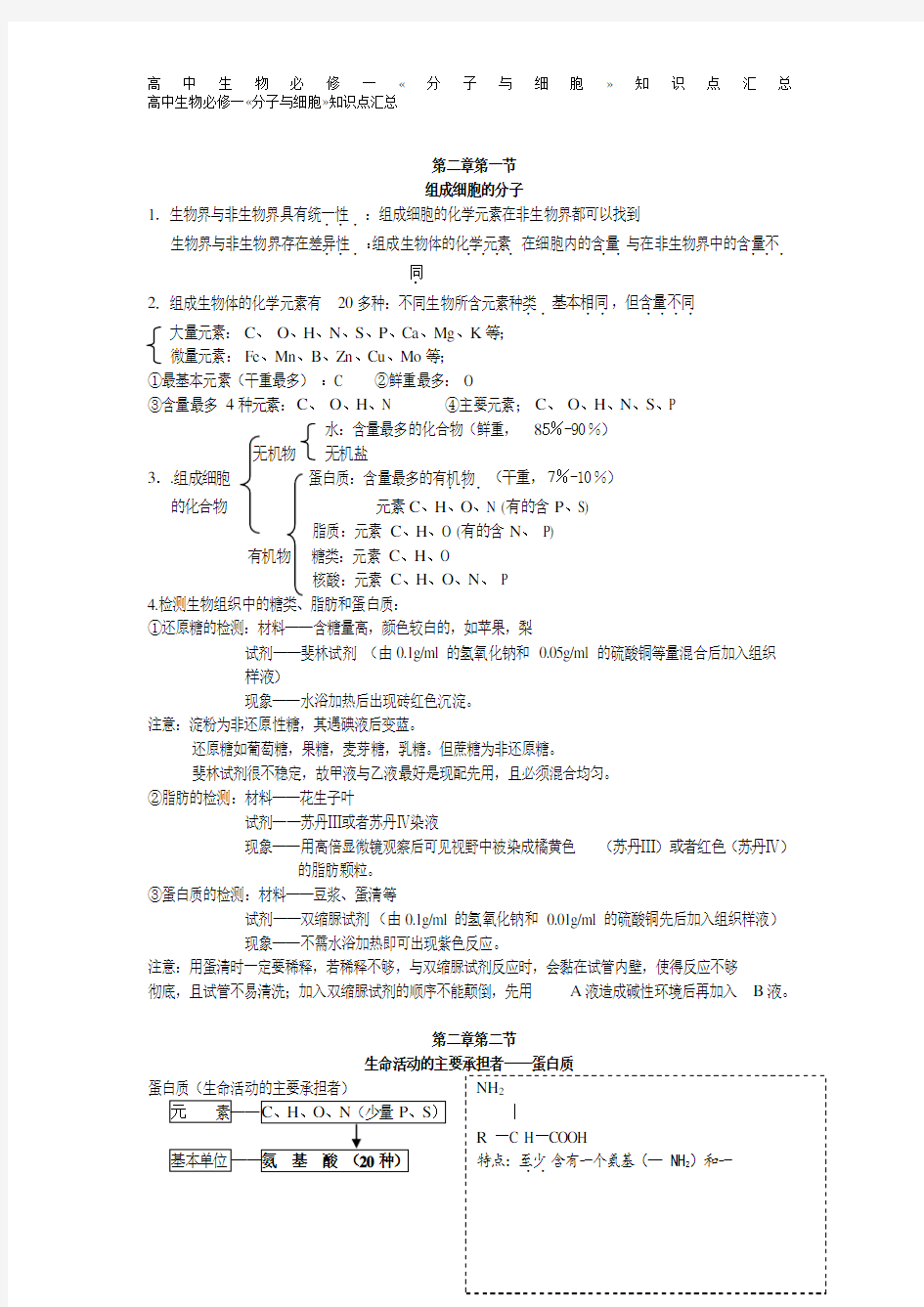 高中生物必修一第二章知识点总结知识讲解