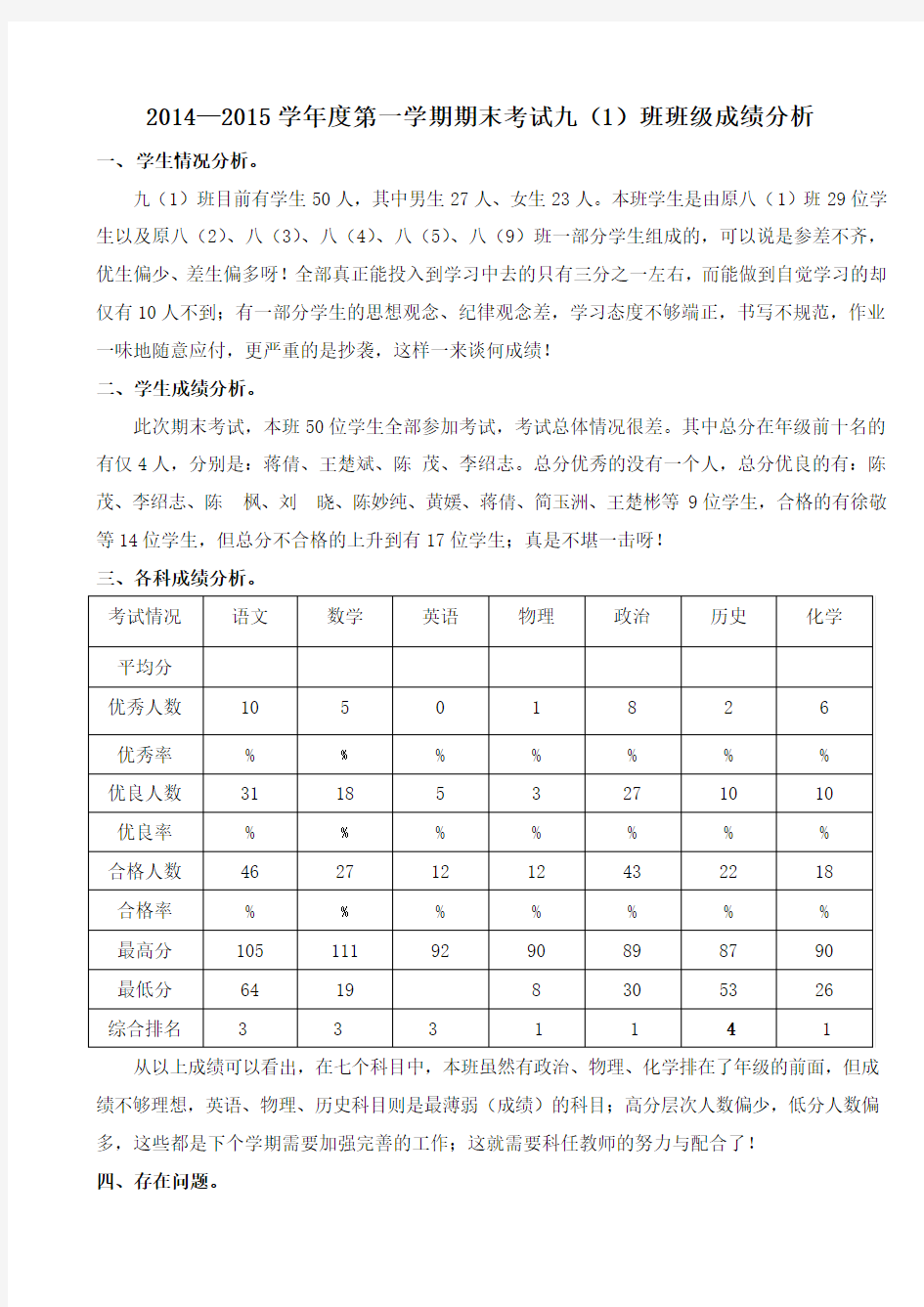 期末考试班级成绩分析