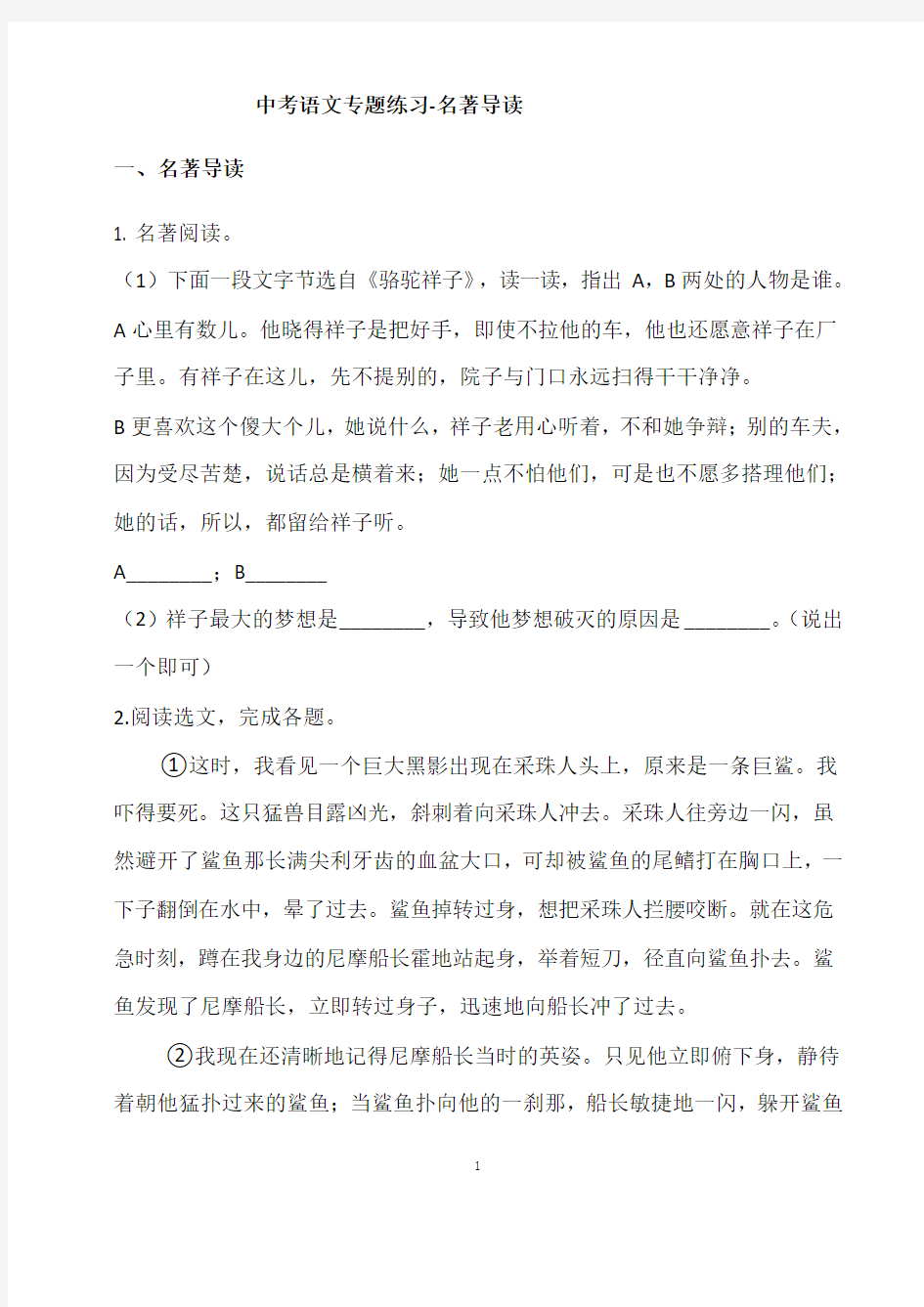 (名师整理)最新部编人教版语文中考《名著导读》专题精练(含答案解析)