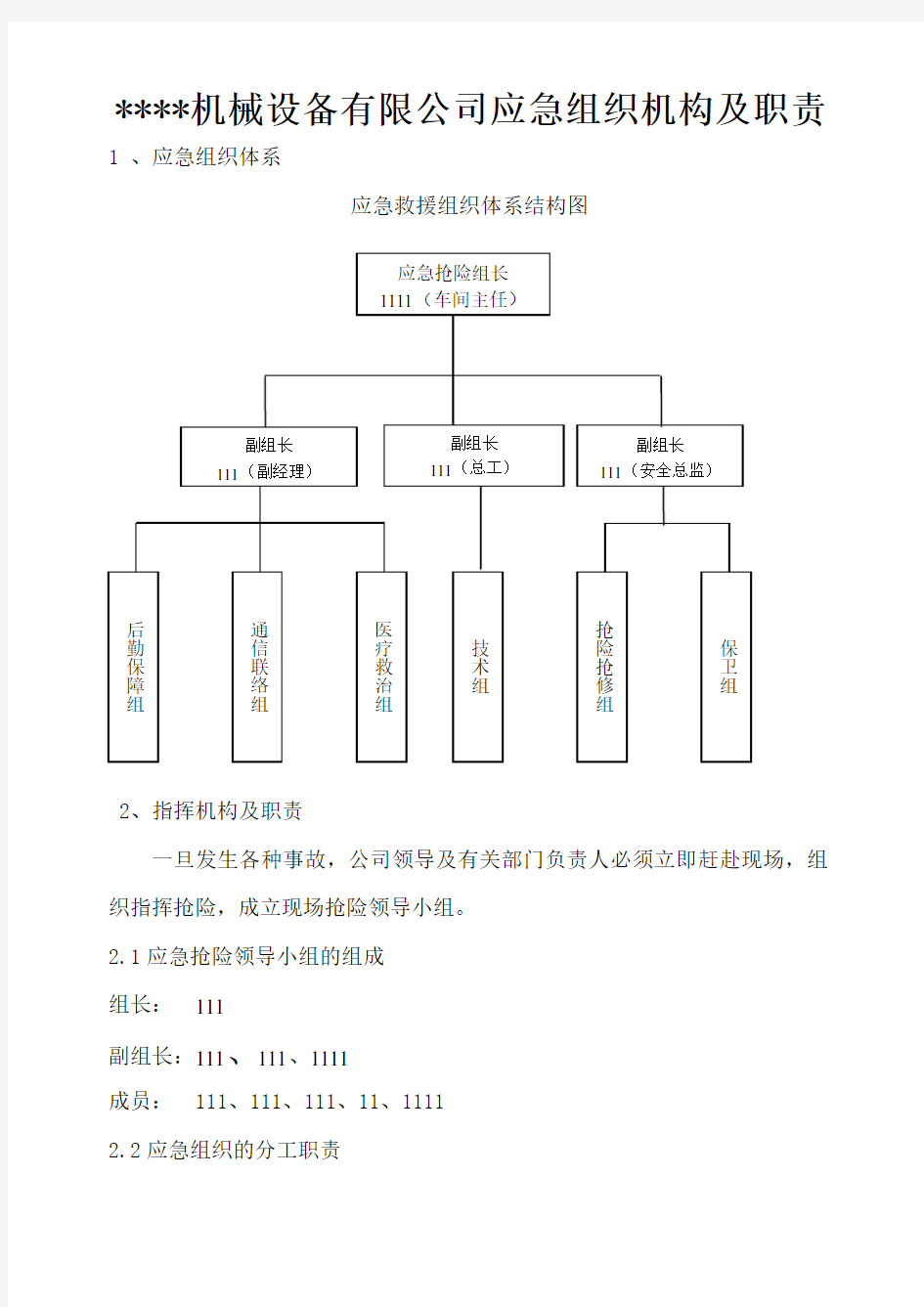 公司应急组织机构组织机构及职责