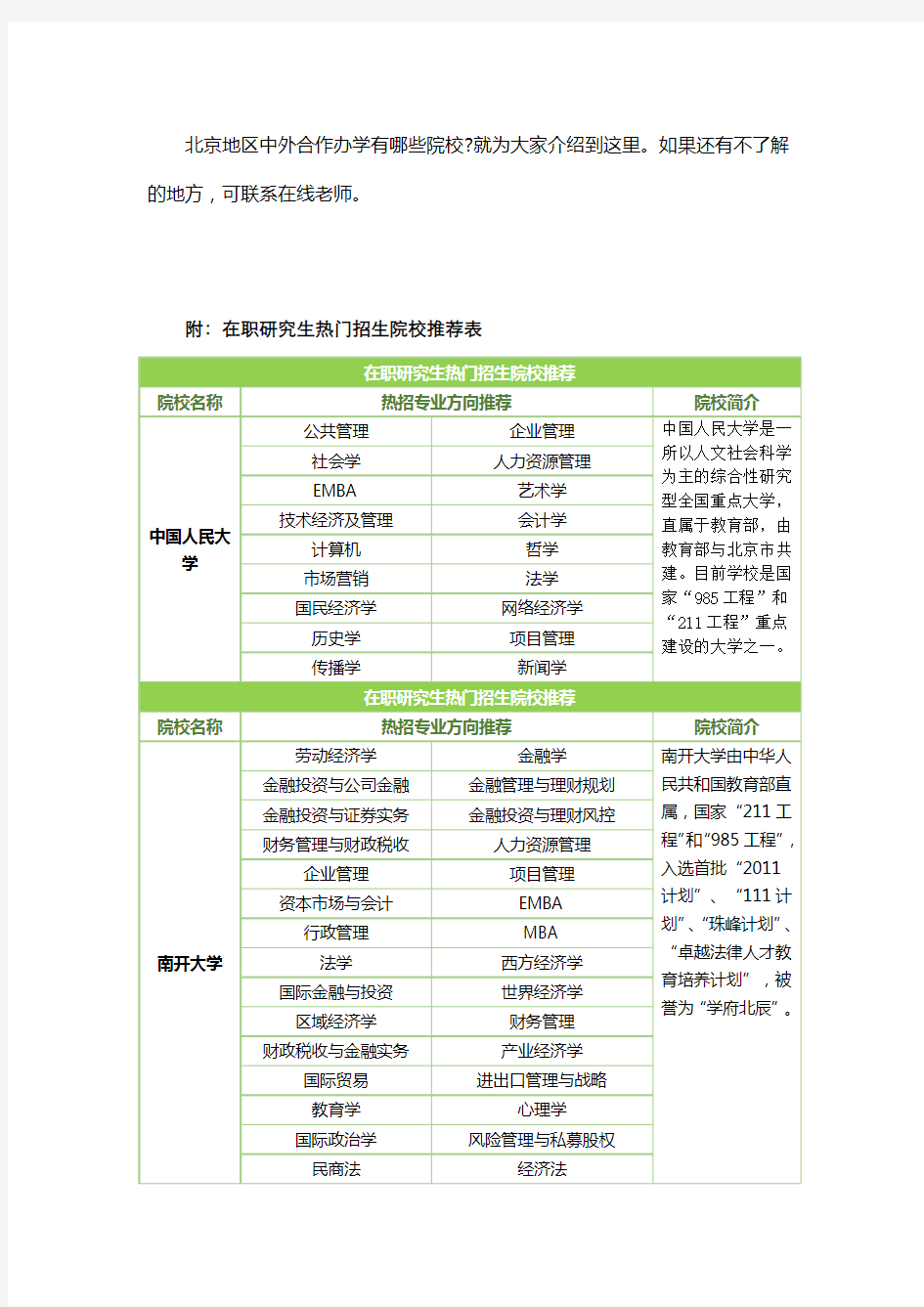 北京地区中外合作办学有哪些院校