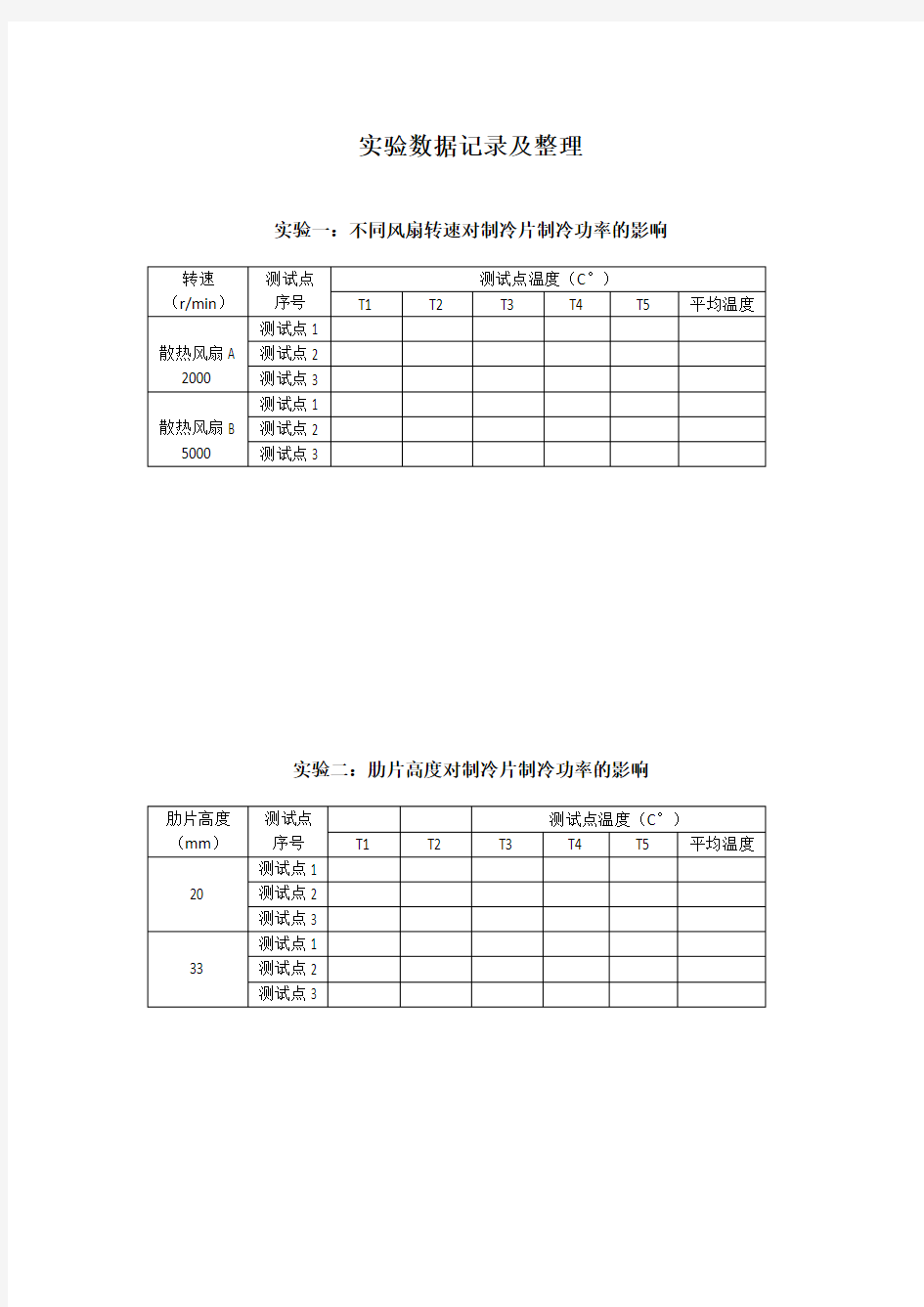 实验数据记录表格