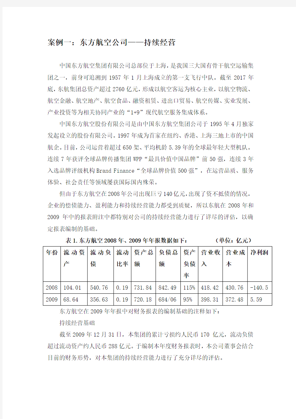 案例1：东方航空——持续经营案例