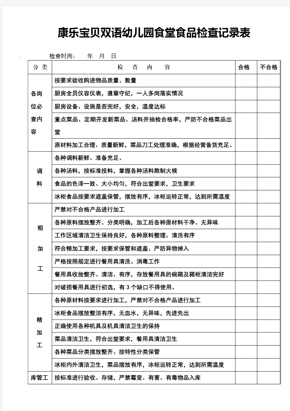 幼儿园食品安全检查记录表