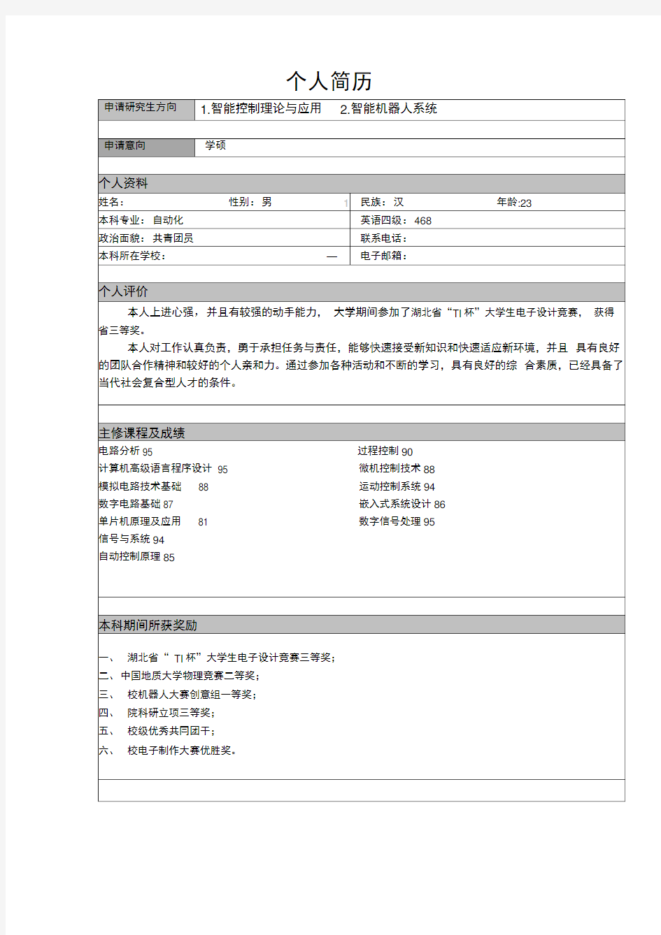 (完整版)研究生申请个人简历