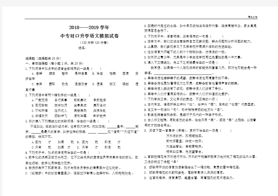 对口升学语文试题及答案和答题纸