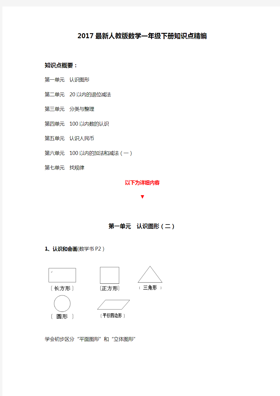 2017最新人教版数学一年级下册知识点精编