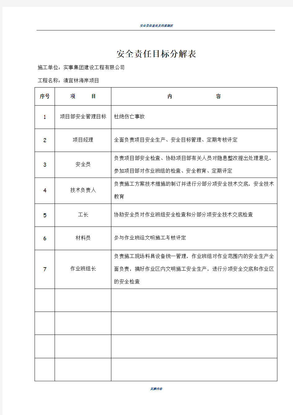 安全责任目标分解