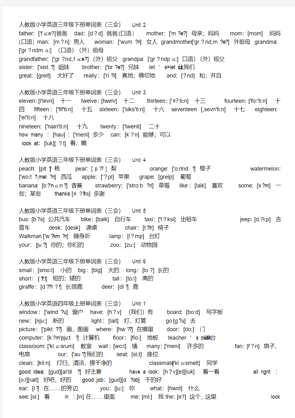 【最新】人教版小学英语单词汇总(带音标)整理