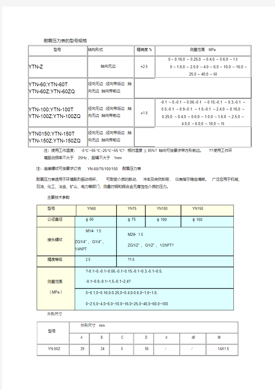 压力表型号说明