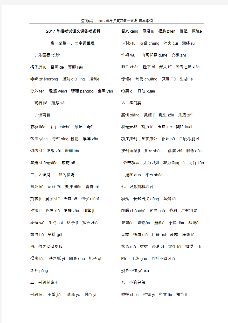 2017单招考试备考资料之 字音字形整理