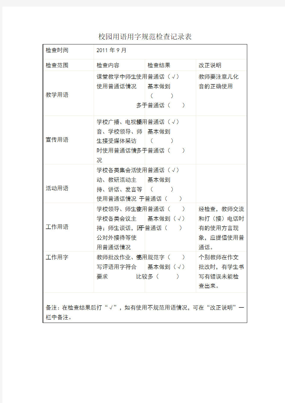 校园用语用字规范检查记录表91280