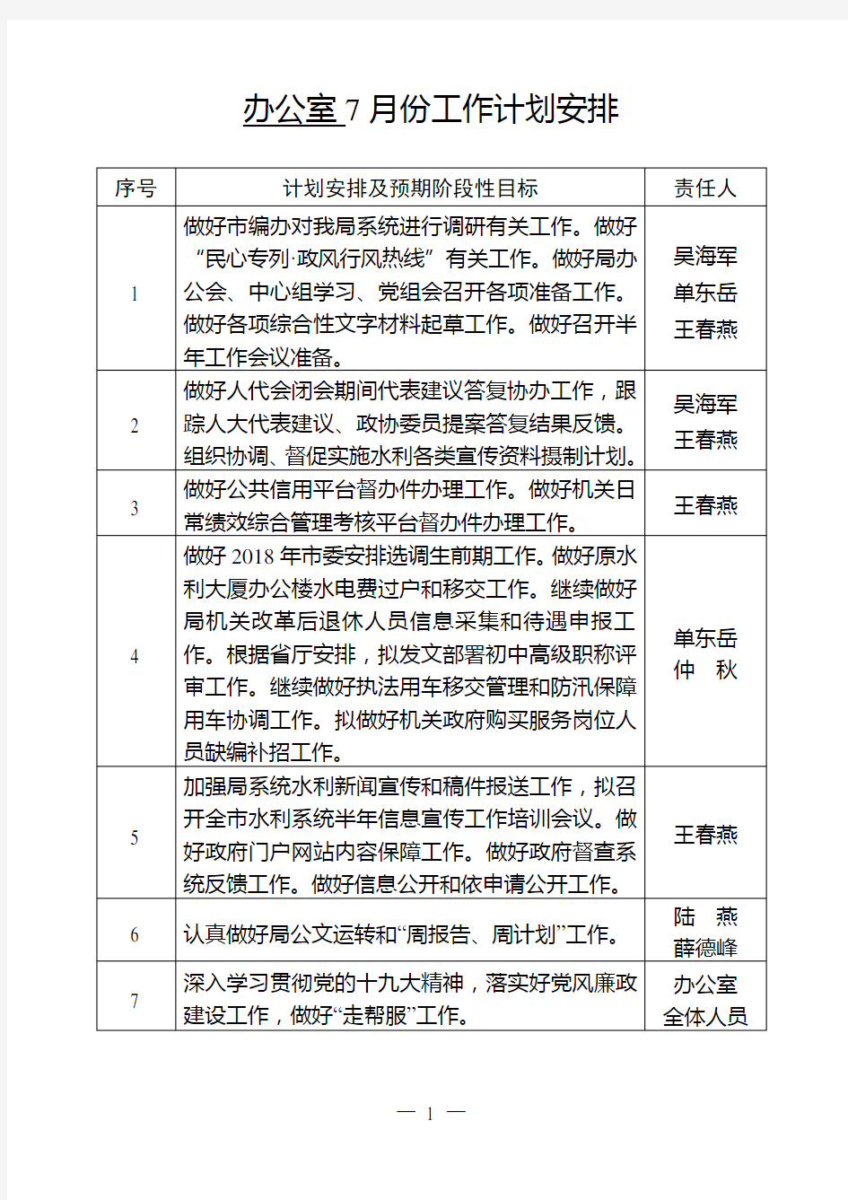 办公室7月份工作计划安排