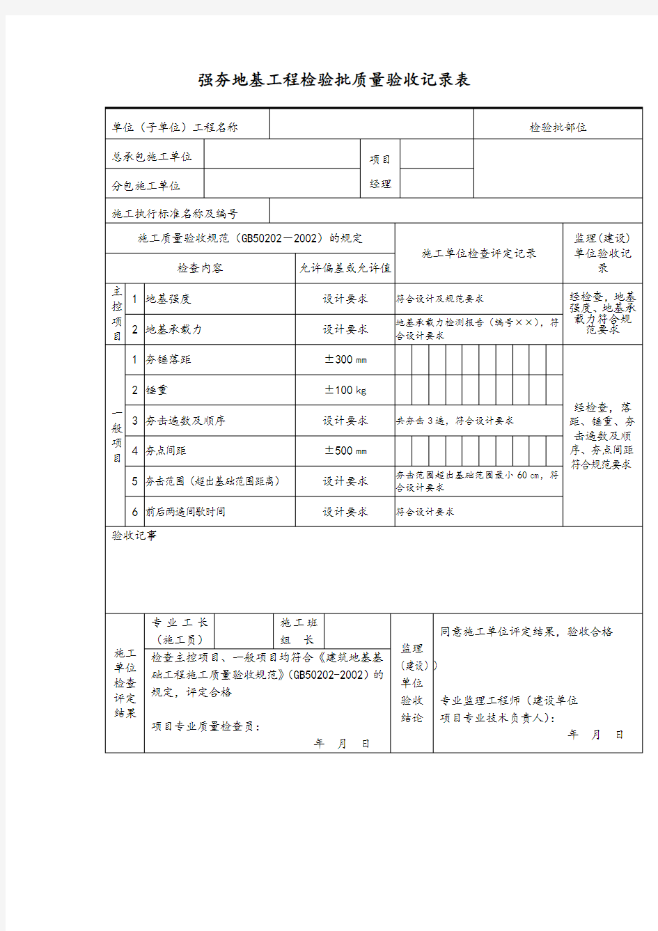 强夯地基工程检验批质量验收记录表