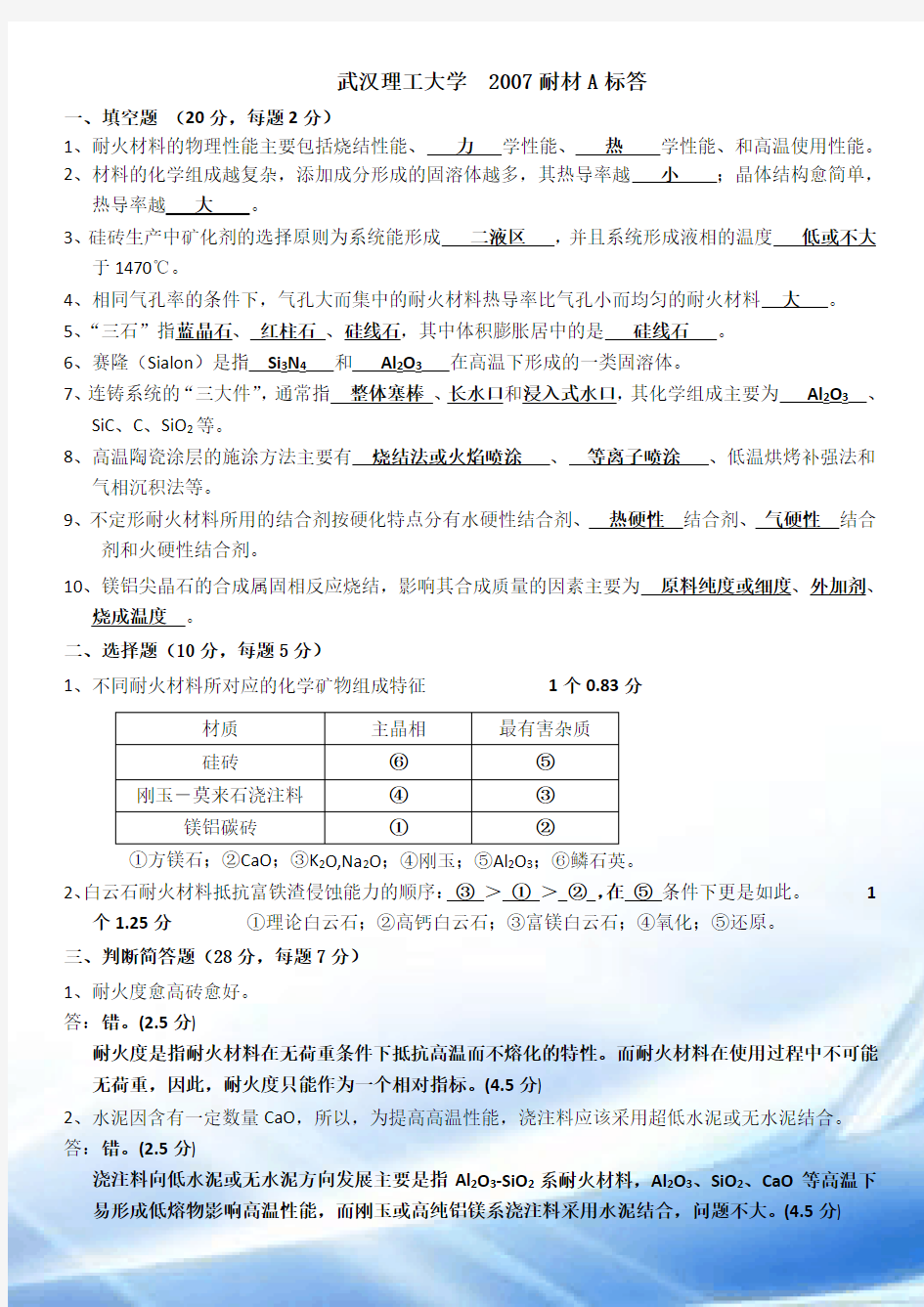 耐火材料试题及答案