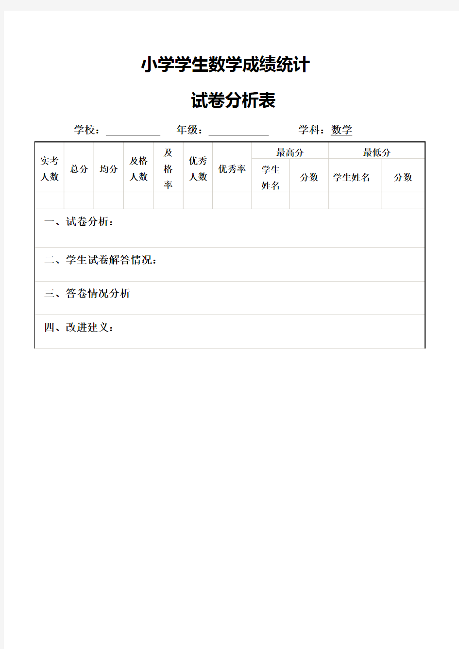 小学学生数学成绩统计表