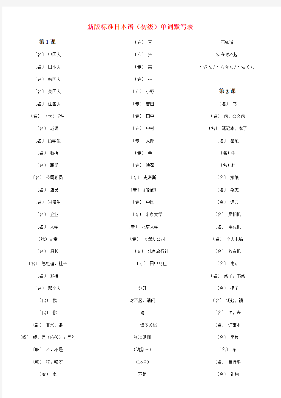 新版标准日本语(初级)上下册单词默写表