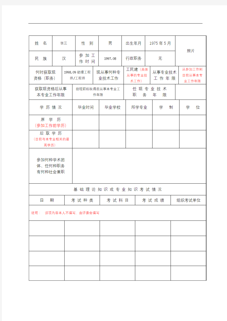 (样表)专业技术资格评审表【模板】