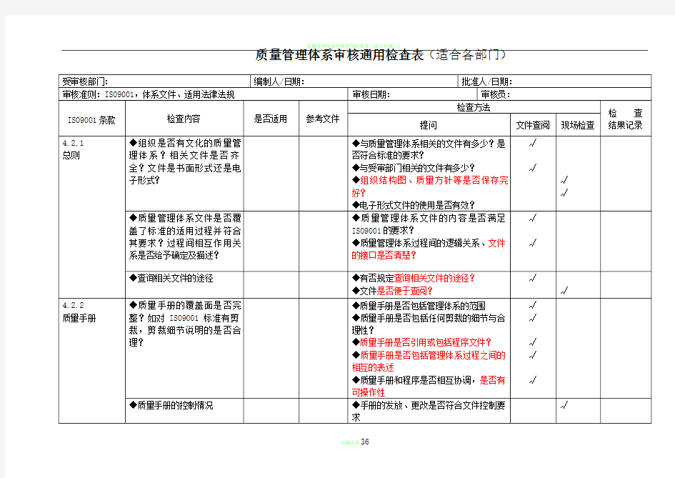 质量管理体系内部审核检查表(通用全套)