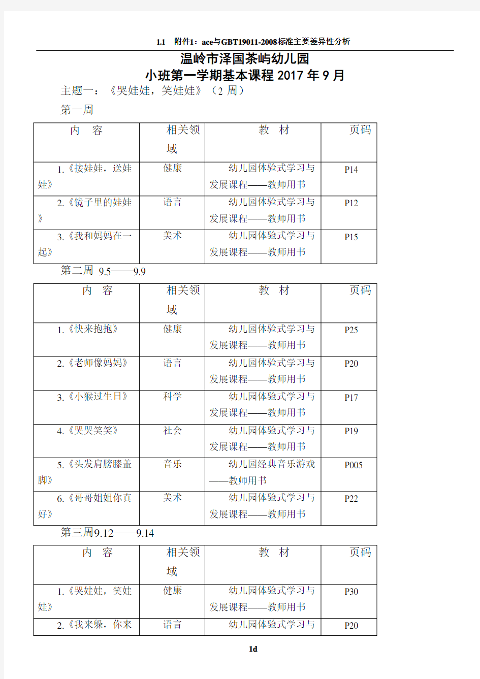 幼儿园小班第一学期教学进度表