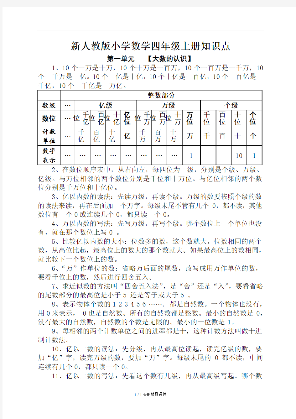 人教版四年级上册数学知识点总结