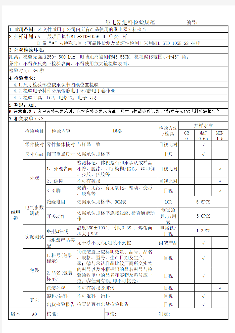 继电器检验规范