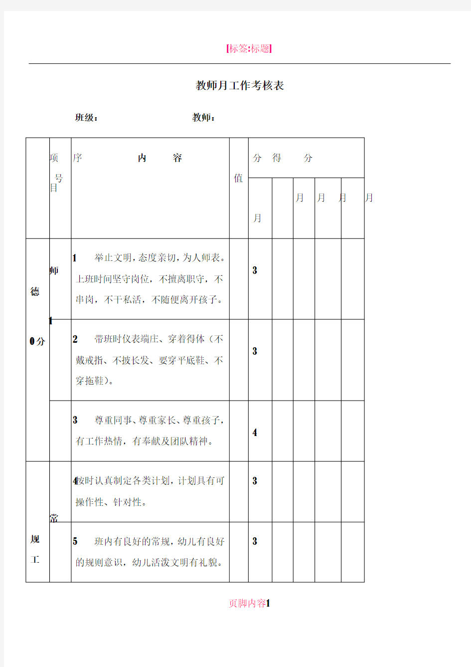 教师月工作考核表