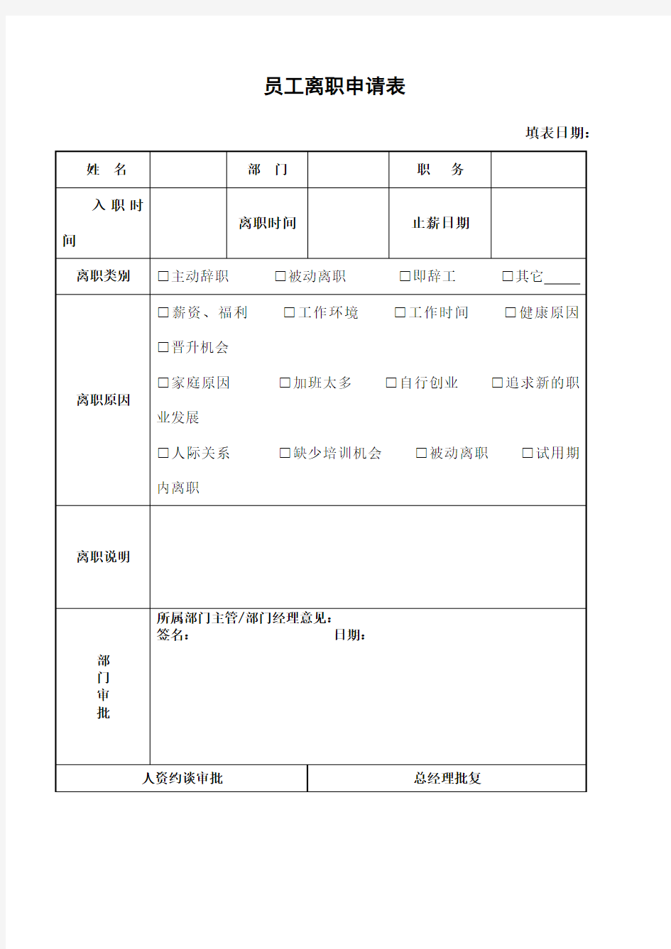 离职申请 工作交接表