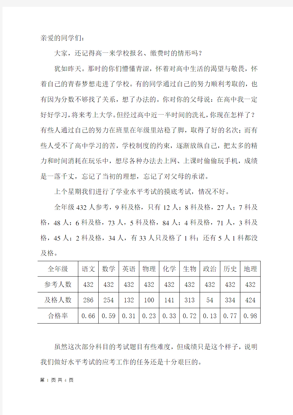 高二学业水平考试动员会发言稿