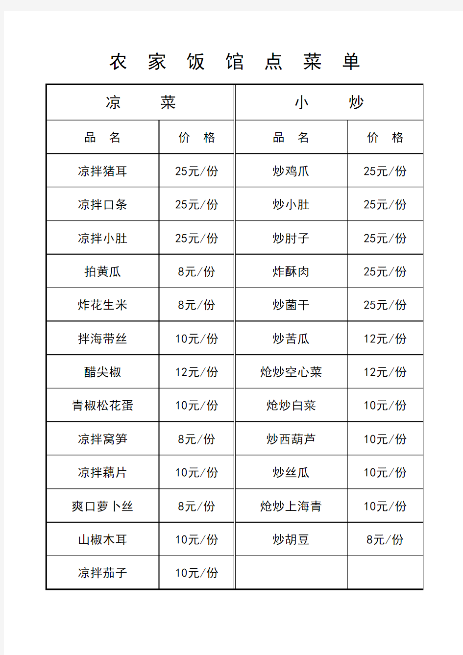 农家餐馆点菜单