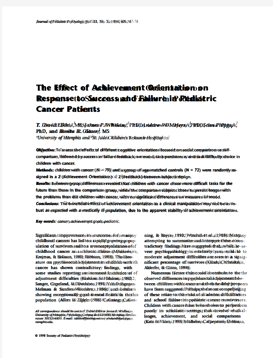 The Effect of Achievement Orientation on Response to Success and Failure in Pediatric Cance