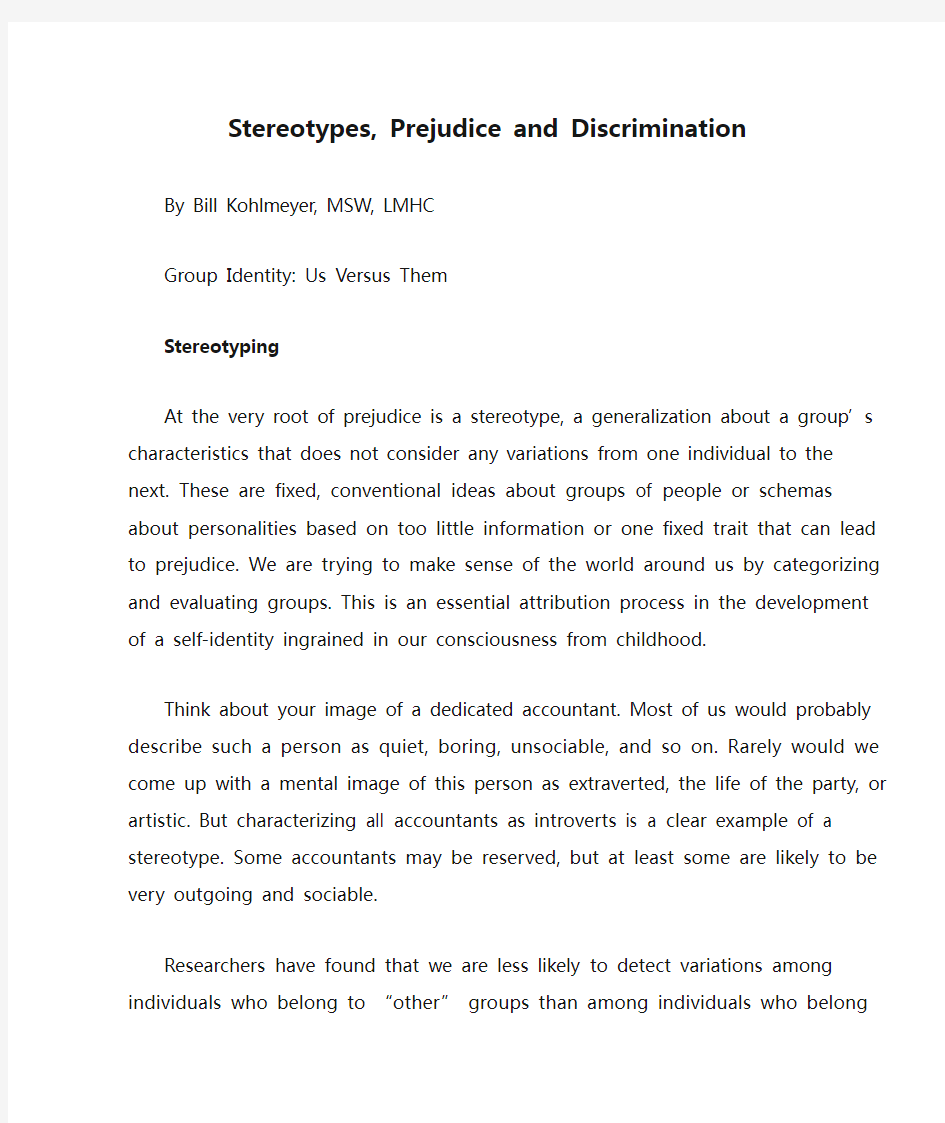 Stereotypes, Prejudice and Discrimination
